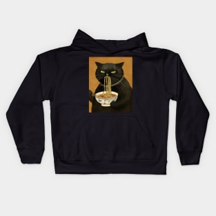 Black noodle cat eating Pho noodles Kids Hoodie